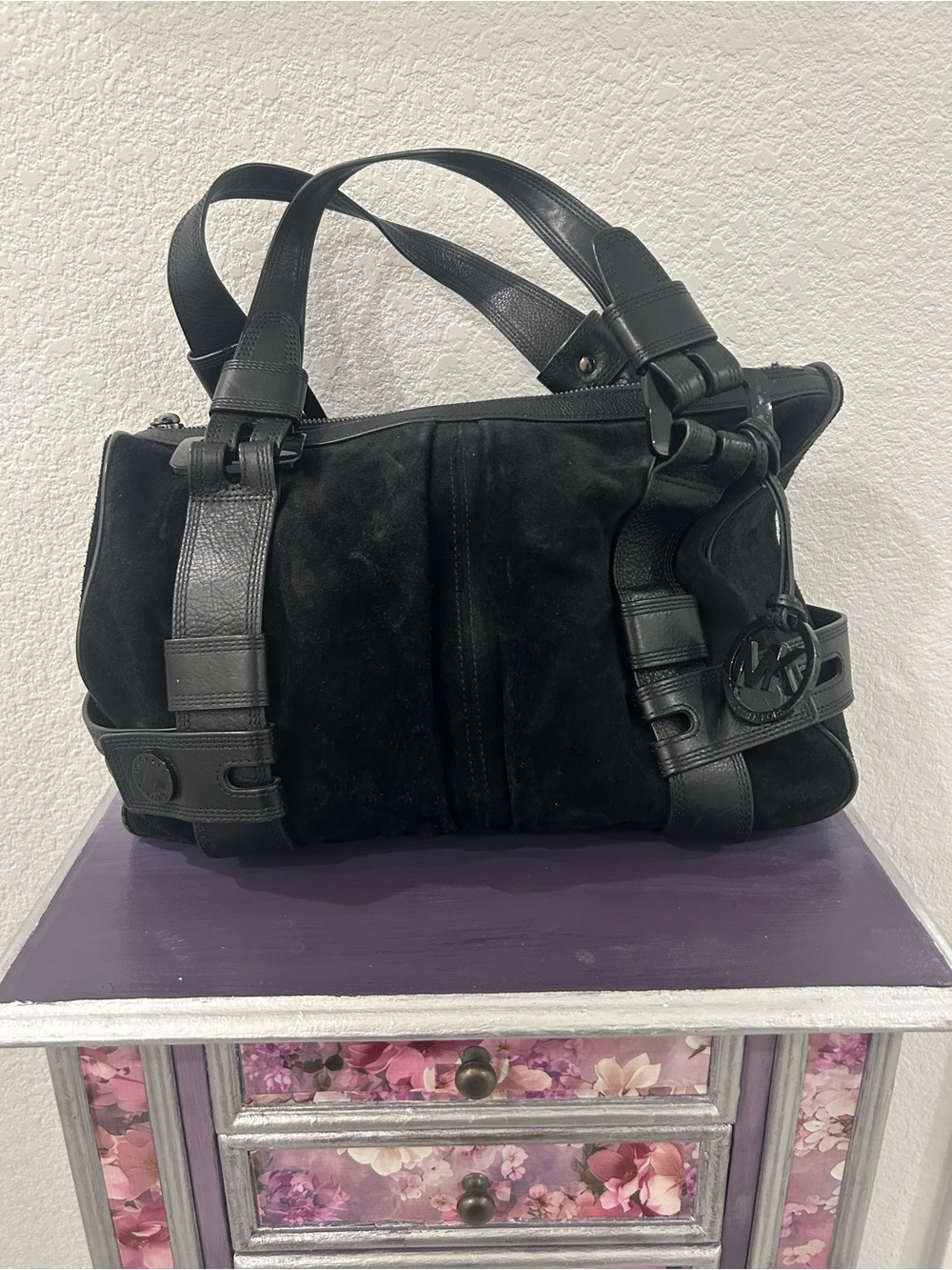 Michael Kors Black Suede and Leather Satchel with MK Charm